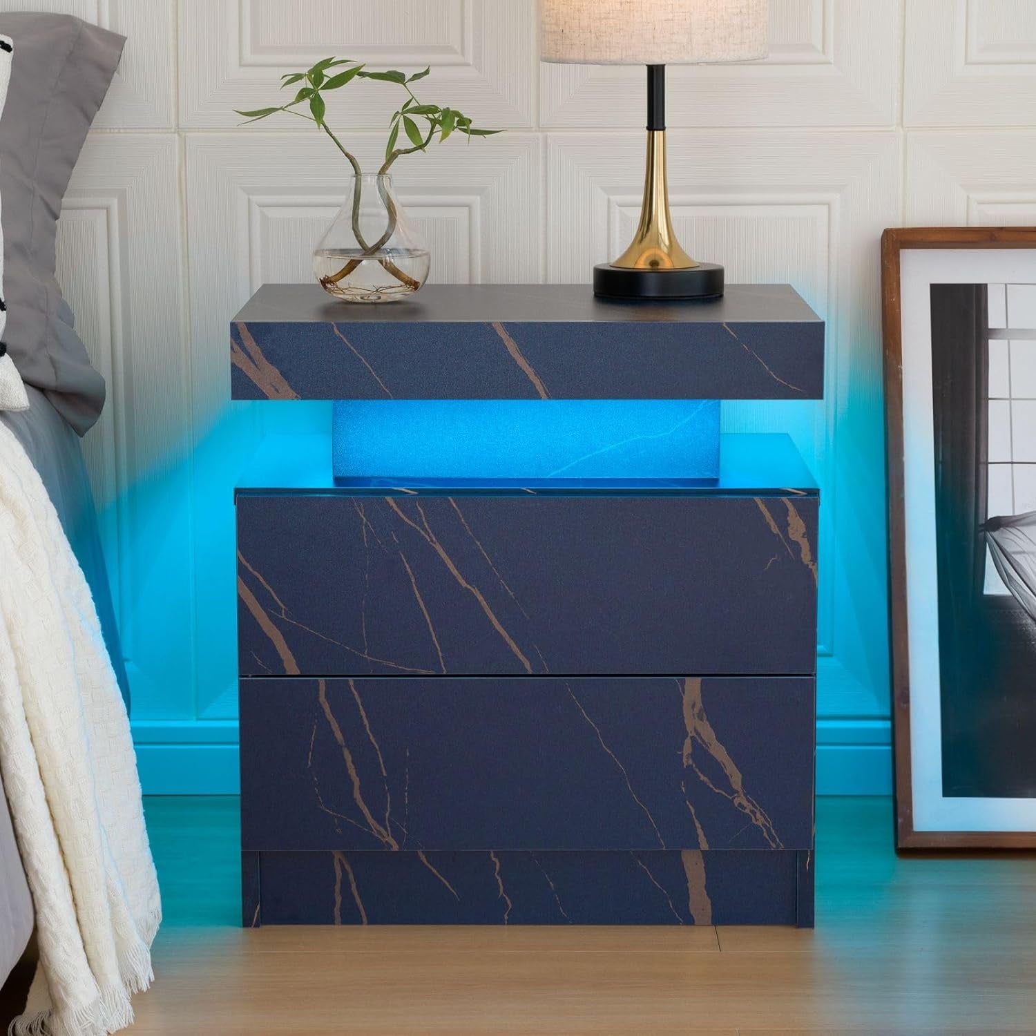 Bedside Table with 2 Drawers | LED Nightstand Wooden Cabinet Unit with LED Lights for Bedroom