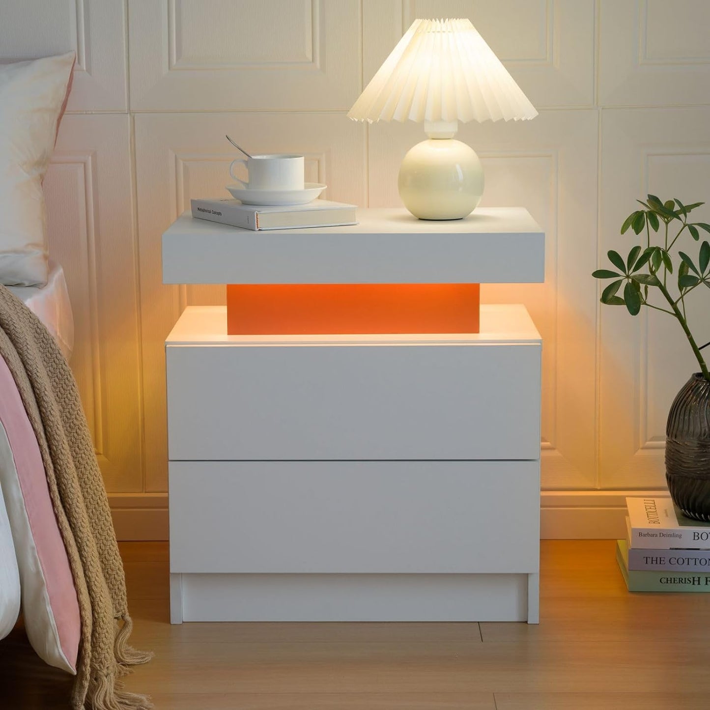 Bedside Table with 2 Drawers | LED Nightstand Wooden Cabinet Unit with LED Lights for Bedroom