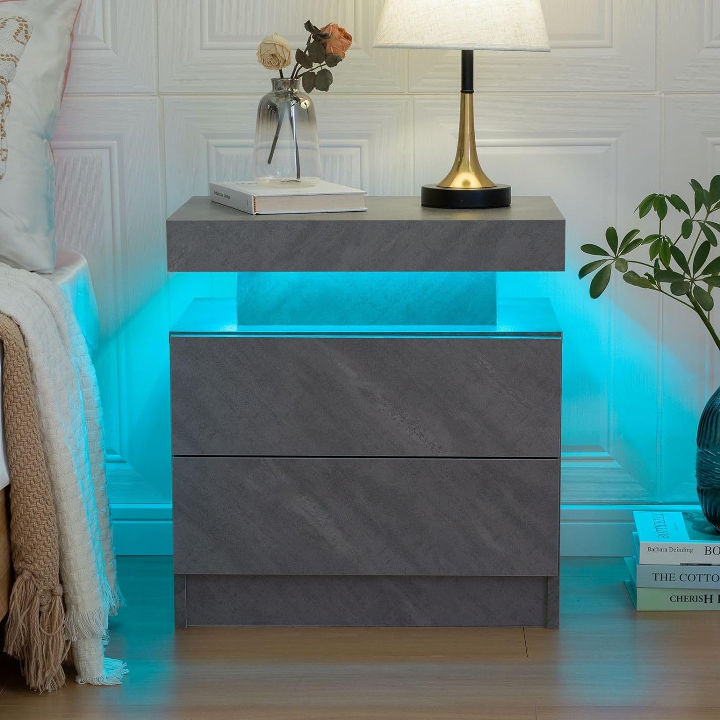 Bedside Table with 2 Drawers | LED Nightstand Wooden Cabinet Unit with LED Lights for Bedroom