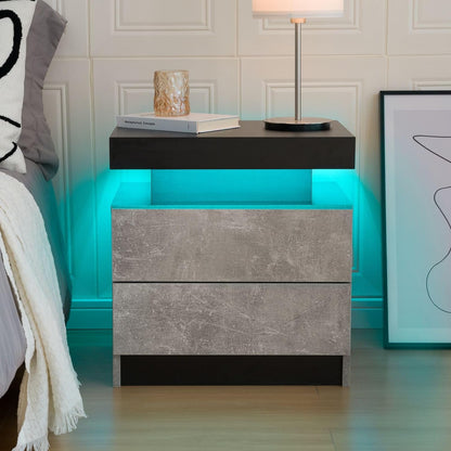 Bedside Table with 2 Drawers | LED Nightstand Wooden Cabinet Unit with LED Lights for Bedroom