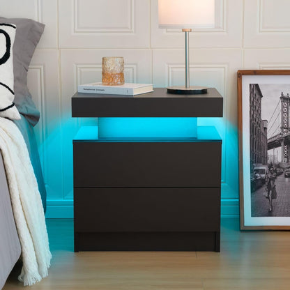 Bedside Table with 2 Drawers | LED Nightstand Wooden Cabinet Unit with LED Lights for Bedroom