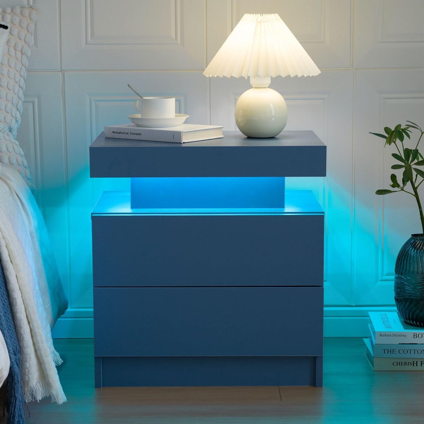 Bedside Table with 2 Drawers | LED Nightstand Wooden Cabinet Unit with LED Lights for Bedroom