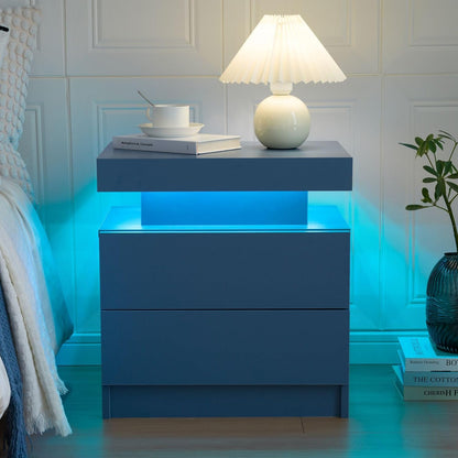 Bedside Table with 2 Drawers | LED Nightstand Wooden Cabinet Unit with LED Lights for Bedroom