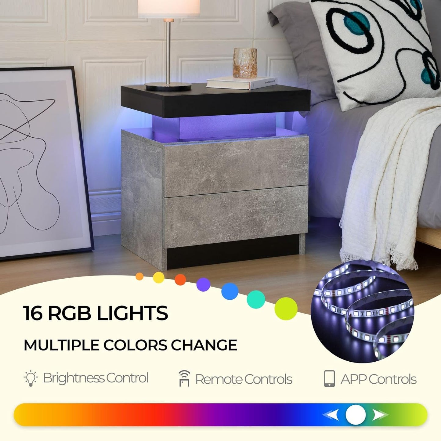 Bedside Table with 2 Drawers | LED Nightstand Wooden Cabinet Unit with LED Lights for Bedroom