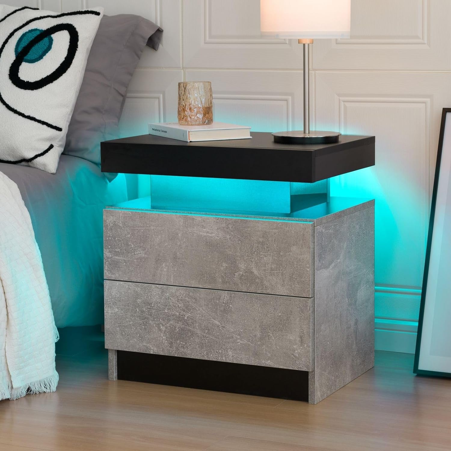 Bedside Table with 2 Drawers | LED Nightstand Wooden Cabinet Unit with LED Lights for Bedroom