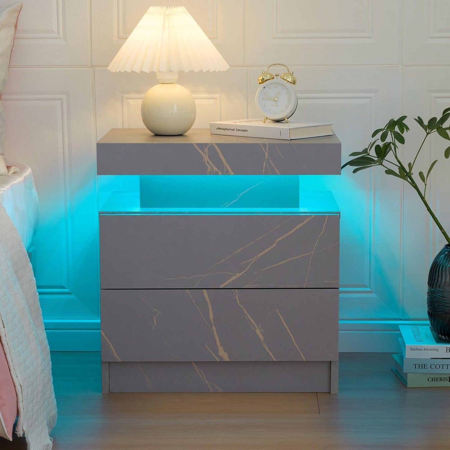 Bedside Table with 2 Drawers | LED Nightstand Wooden Cabinet Unit with LED Lights for Bedroom