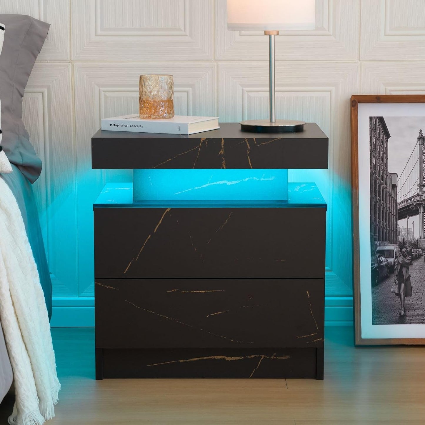 Bedside Table with 2 Drawers | LED Nightstand Wooden Cabinet Unit with LED Lights for Bedroom