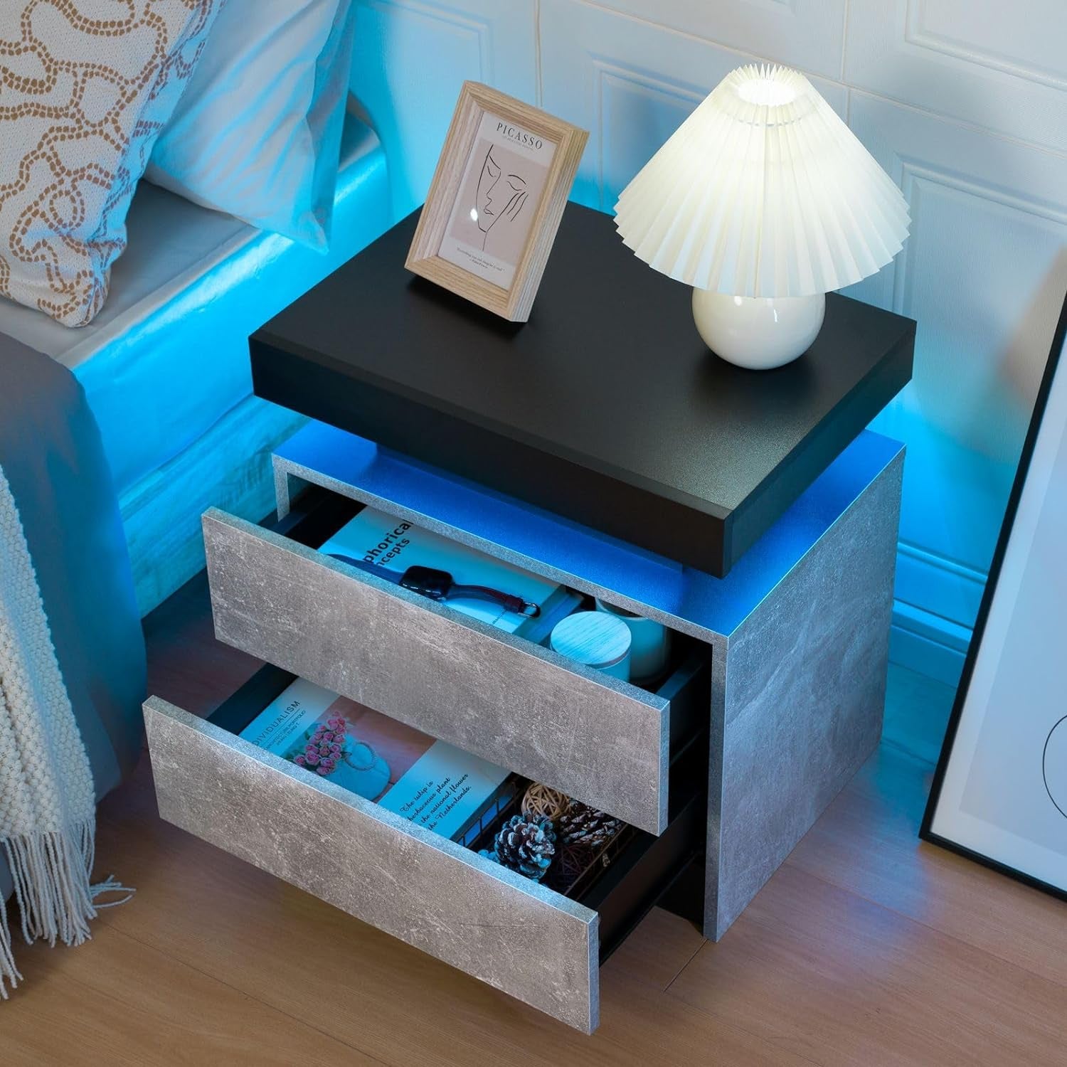 Bedside Table with 2 Drawers | LED Nightstand Wooden Cabinet Unit with LED Lights for Bedroom