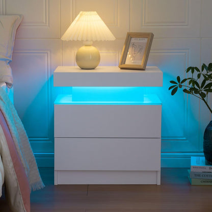 Bedside Table with 2 Drawers | LED Nightstand Wooden Cabinet Unit with LED Lights for Bedroom