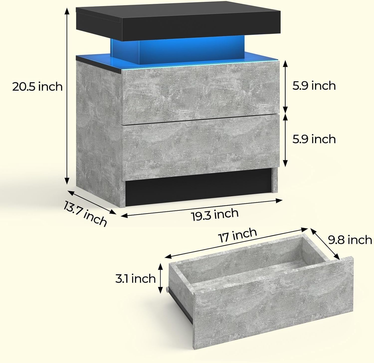 Bedside Table with 2 Drawers | LED Nightstand Wooden Cabinet Unit with LED Lights for Bedroom