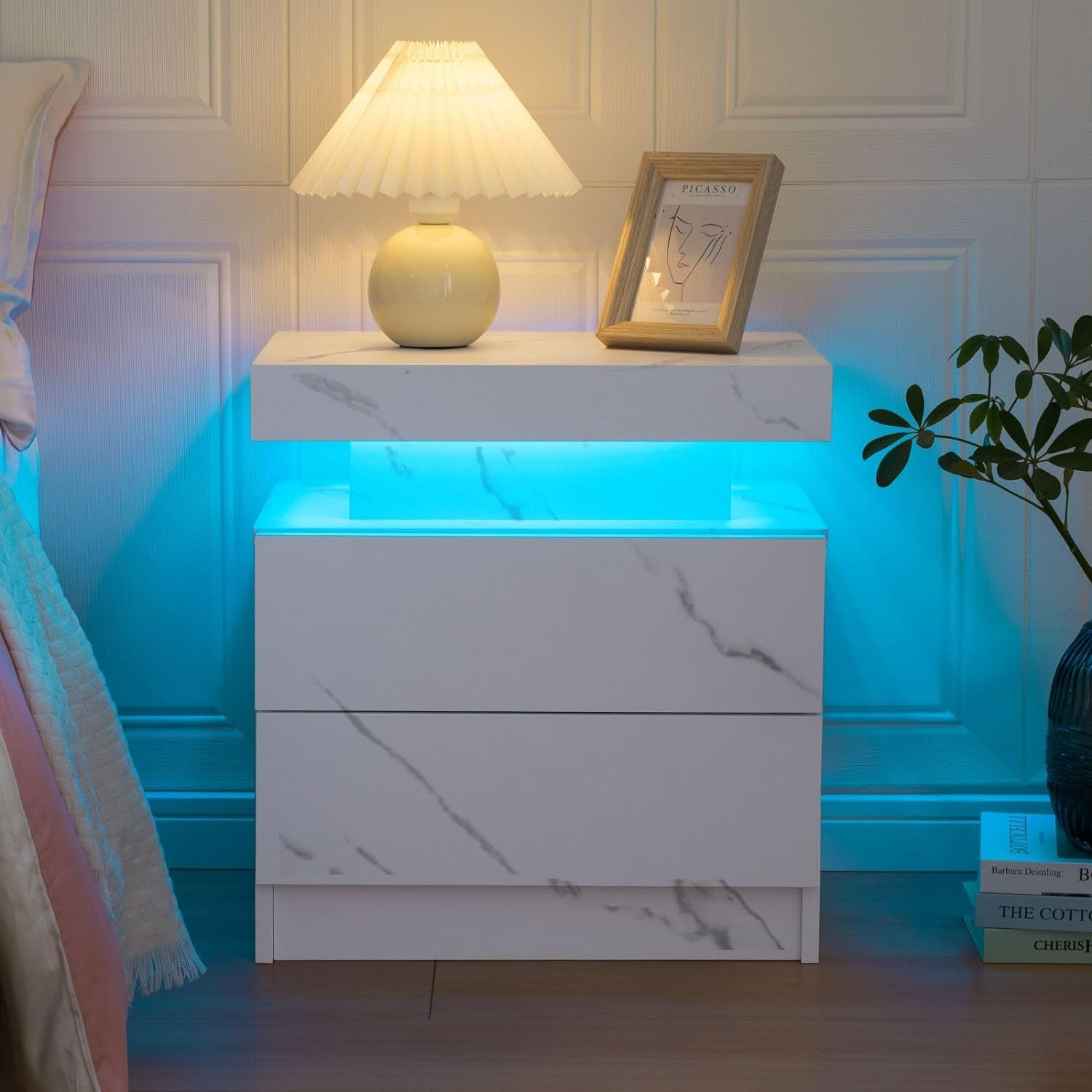 Bedside Table with 2 Drawers | LED Nightstand Wooden Cabinet Unit with LED Lights for Bedroom